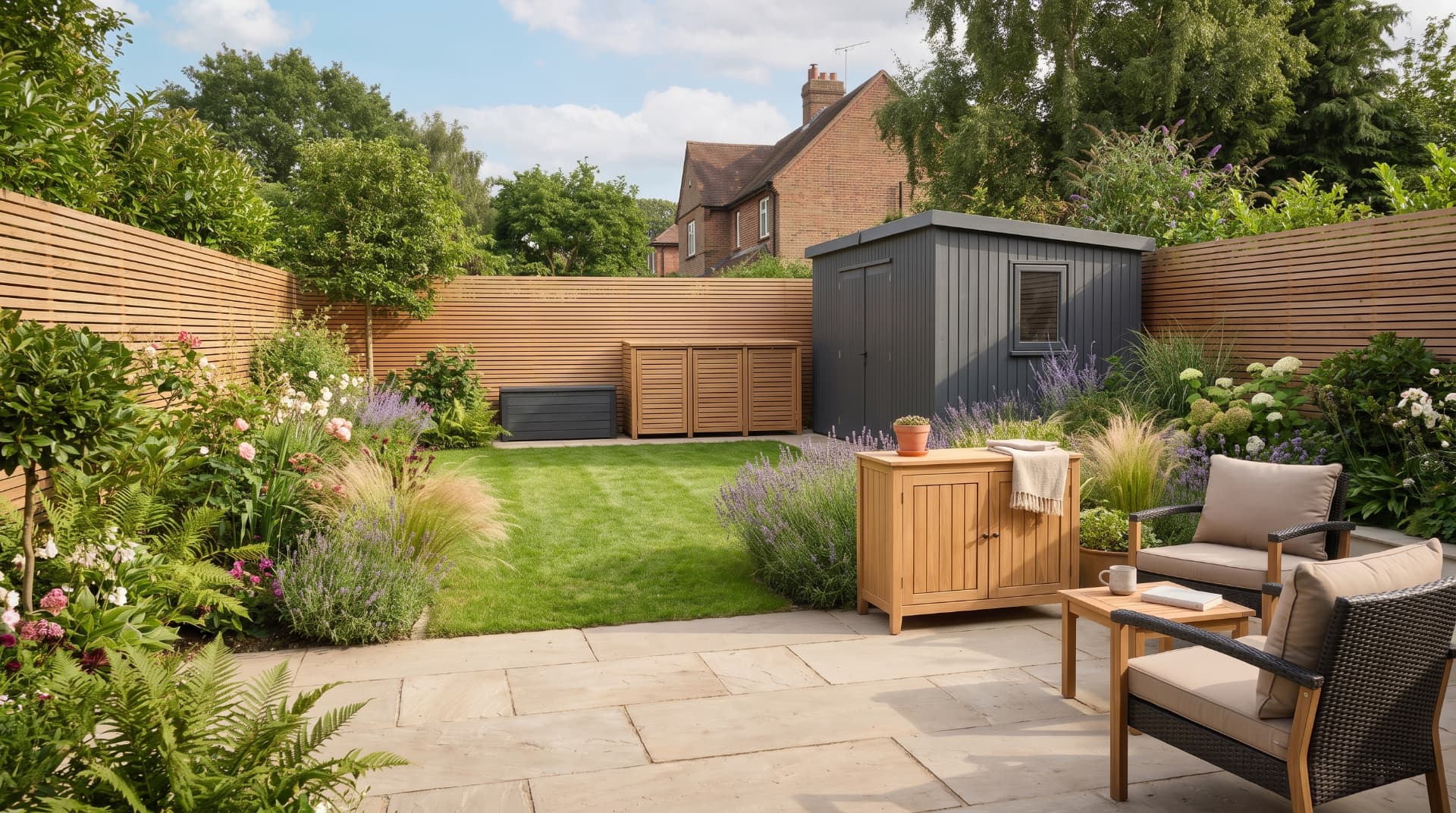 Premium garden storage solutions displayed in a modern British garden.