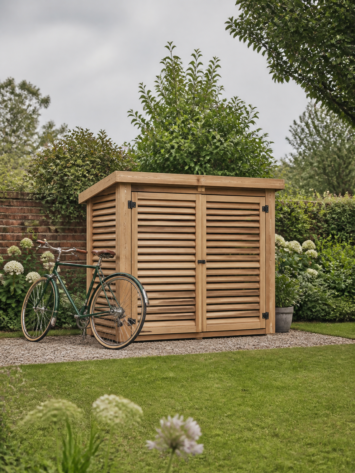 Bicycle Storage styled in a British garden setting — Lockable bike stores and shelters to keep bicycles safe and out of the British weather.