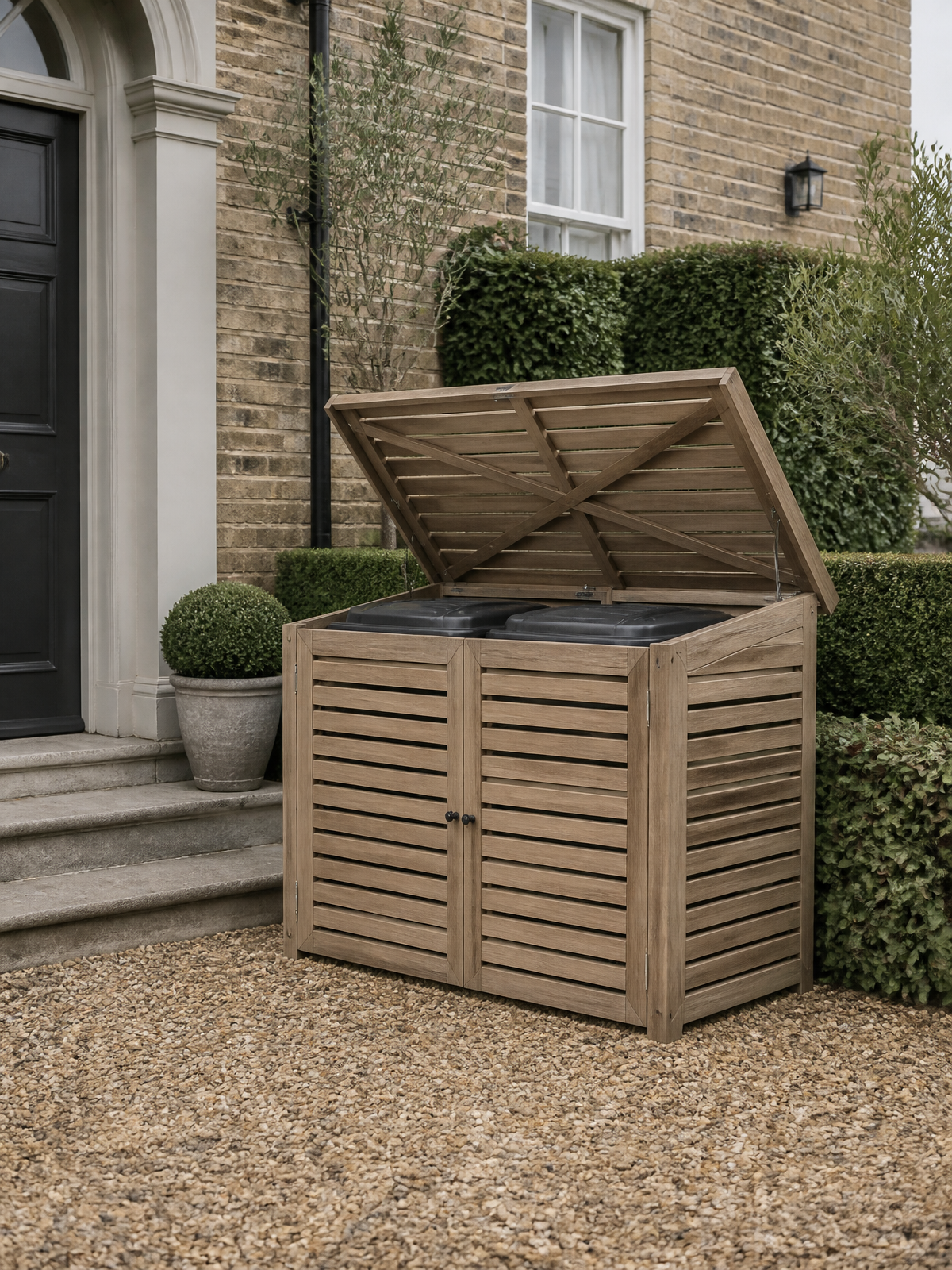 Wheelie Bin Stores styled in a British garden setting — Tidy timber and metal bin stores that hide wheelie bins and lift kerb appeal.