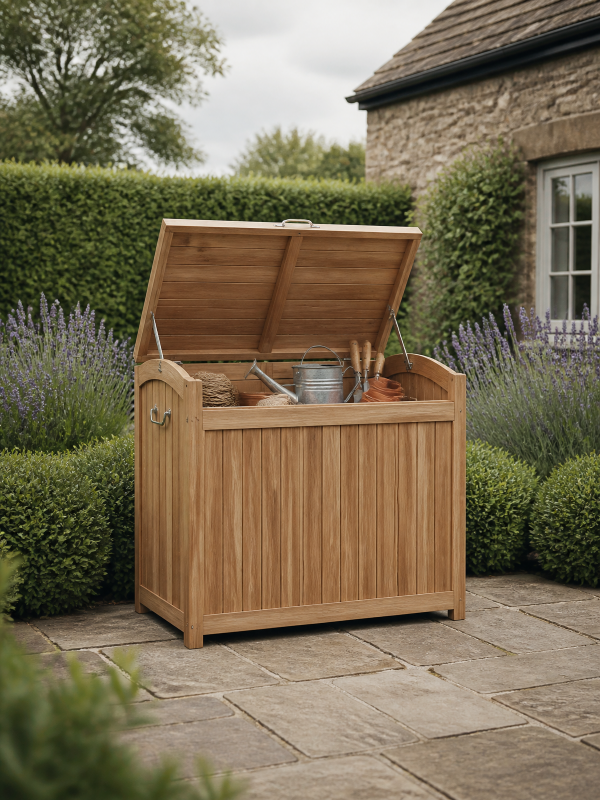 Garden Storage styled in a British garden setting — Weatherproof storage boxes, cabinets and tool stores that keep garden kit dry all year.