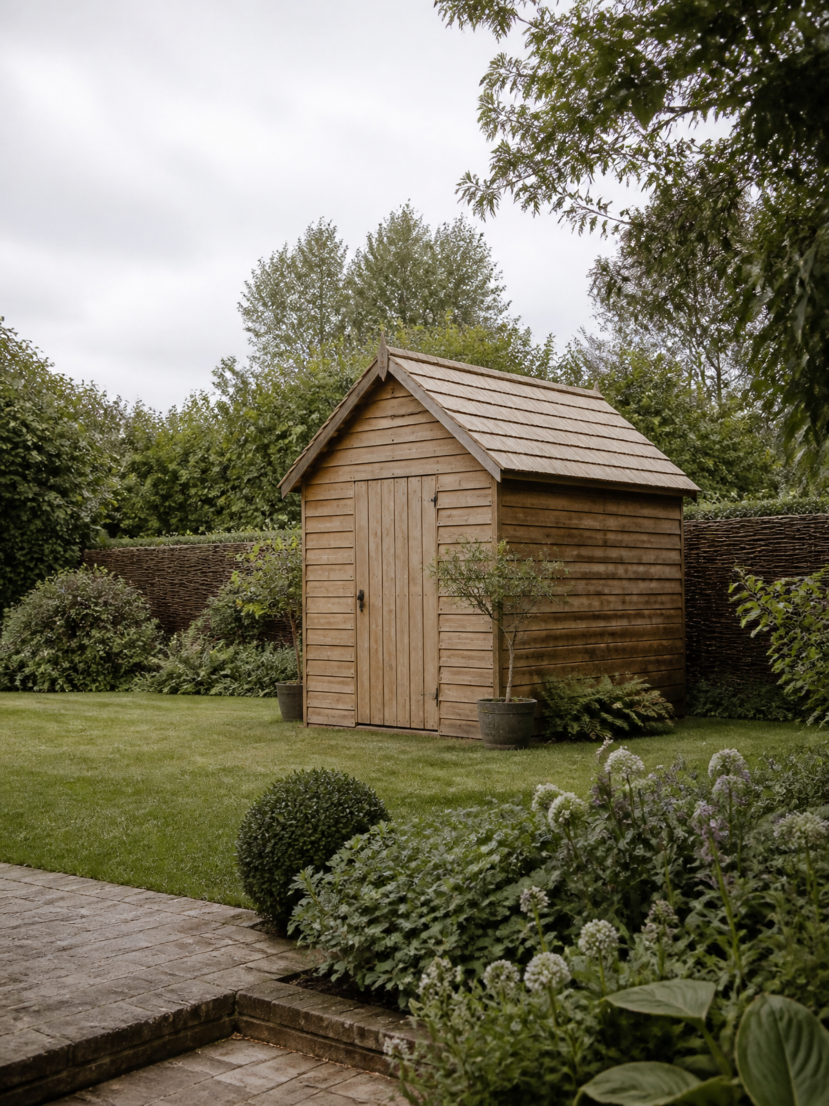 Garden Sheds styled in a British garden setting — Metal, timber and plastic sheds built for the British garden — secure, weatherproof and delivered free across the UK.